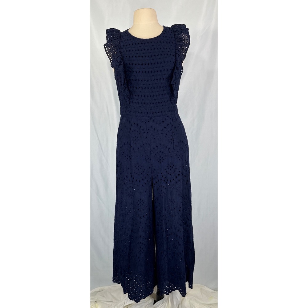 Entro Navy Blue Eyelet Cotton Ruffle Wide Leg Jumpsuit Romper Summer Travel L